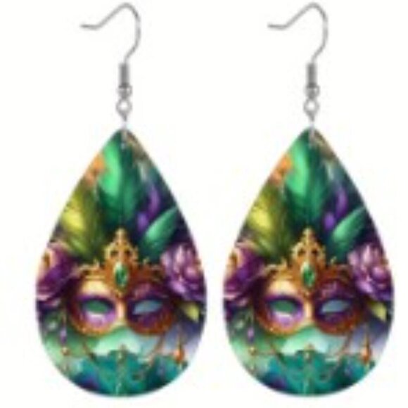 Mask Peacock Feather Artificial Leather Earrings Carnival Mardi Gras Earrings - Picture 4 of 8